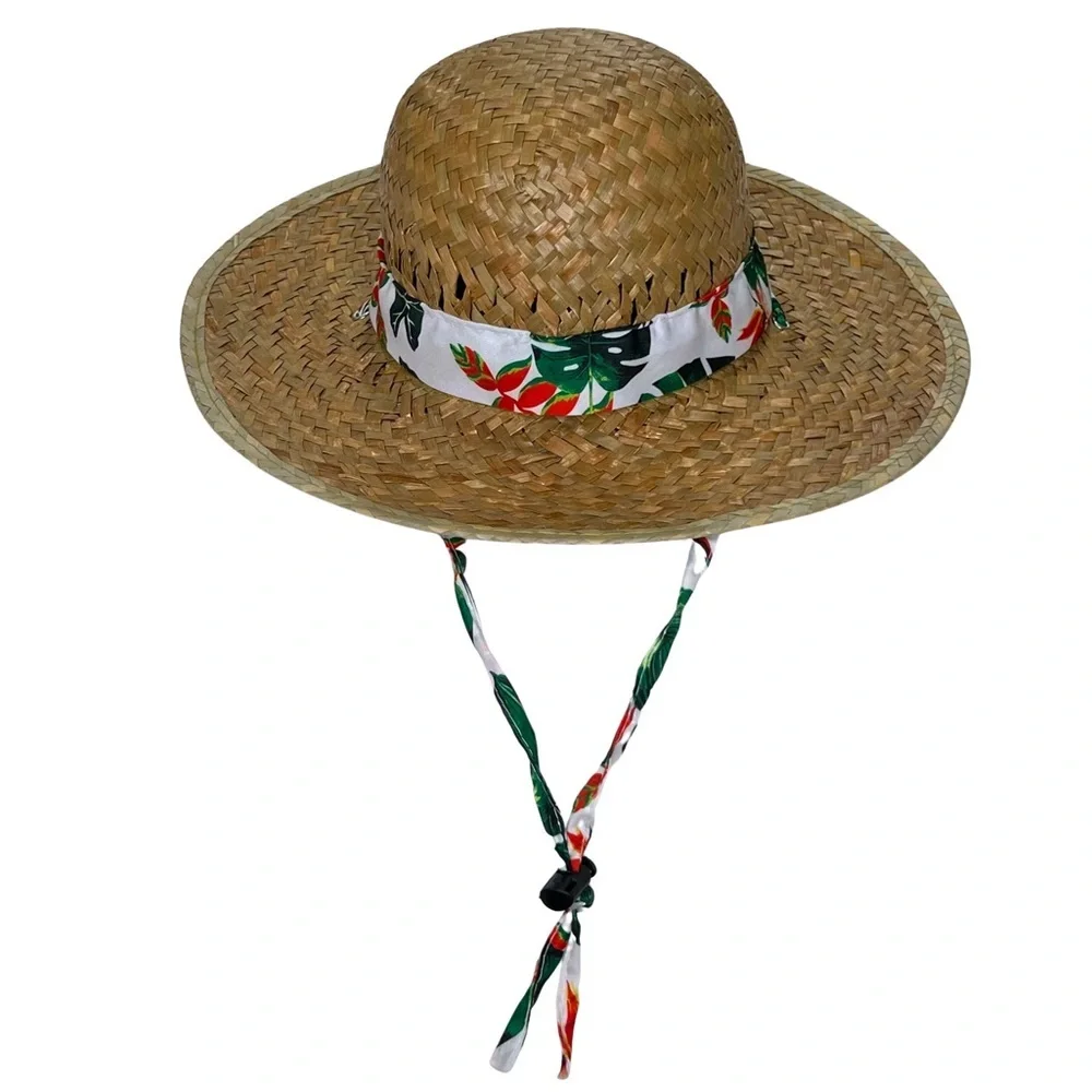 Straw Sun Hat Goldcoast Sunwear Tropical Floral Palm Leaf Band Tan White Green